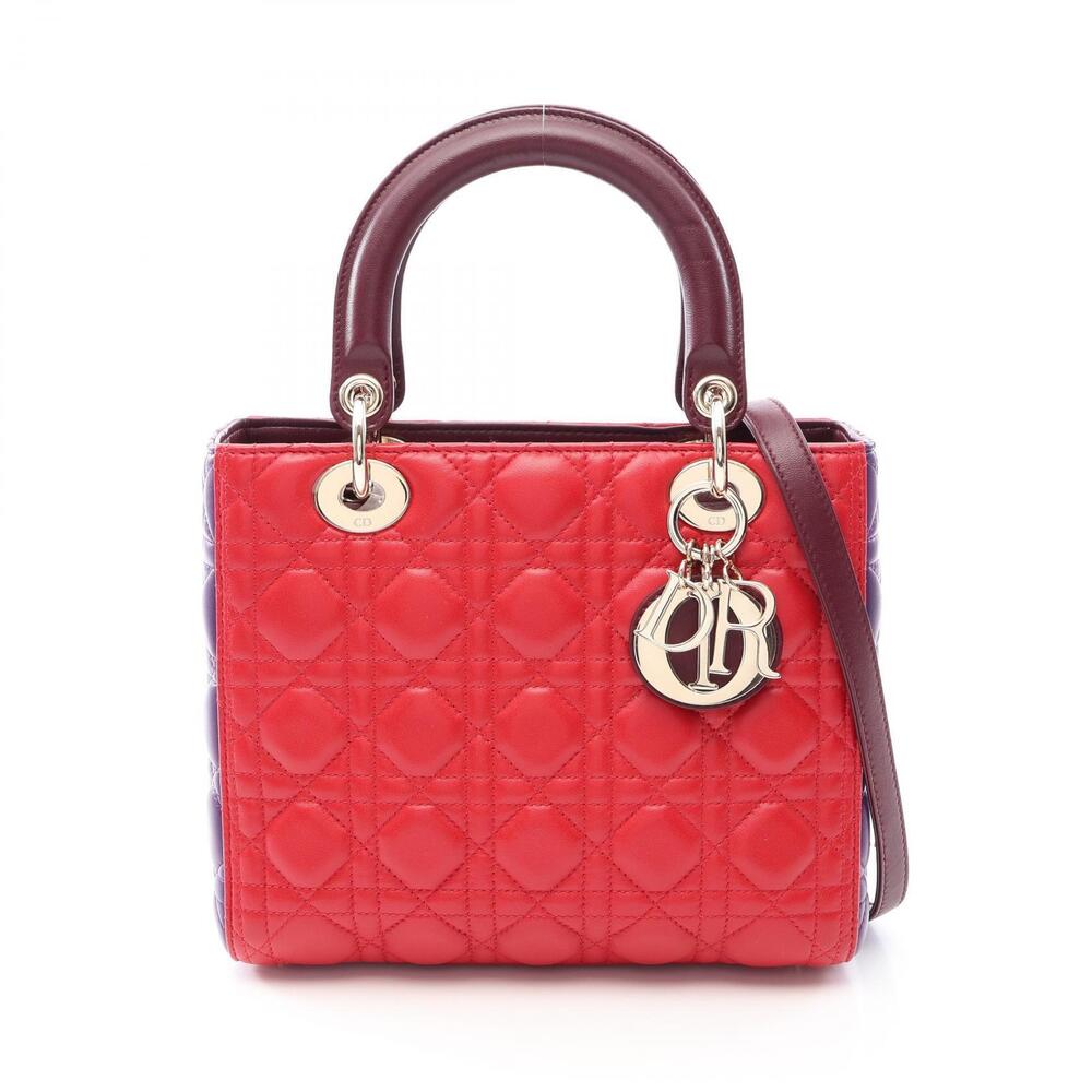 Christian Dior LADY Cannage Handbag Lambskin Leather Red Purple Burgundy Red
